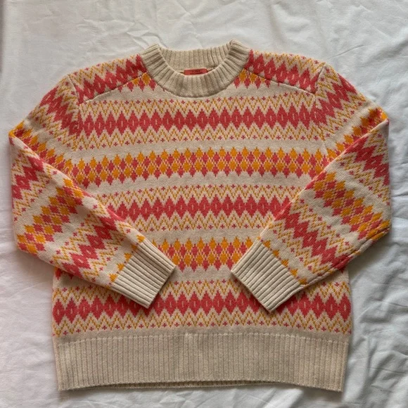 J. Crew 100% Cashmere Women's Sweater - Pink, Yellow, Cream Geometric Design - Picture 2 of 12